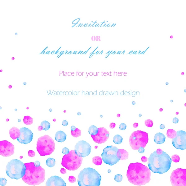 Template postcard with the watercolor pink, blue and purple bubbles (spots, blots), hand drawn on a white background, greeting card, decoration postcard or invitation