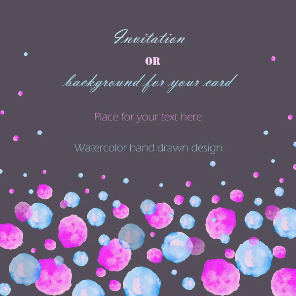 Template postcard with the watercolor pink, blue and purple bubbles (spots, blots), hand drawn on a dark background, greeting card, decoration postcard or invitation — Stock Photo, Image
