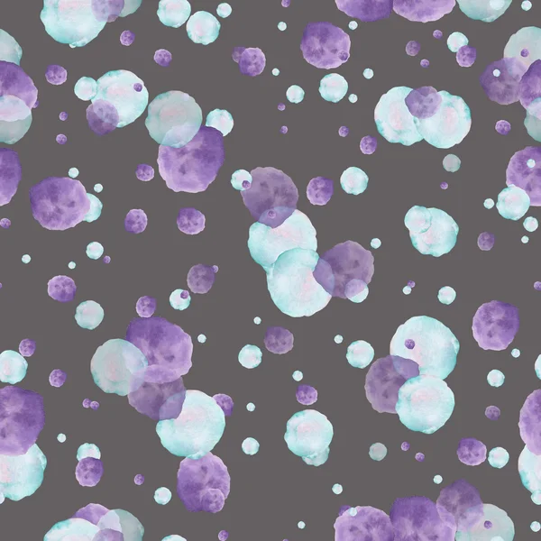 Patrón sin costuras con las burbujas de color violeta, azul y púrpura acuarela, dibujado a mano sobre un fondo oscuro —  Fotos de Stock