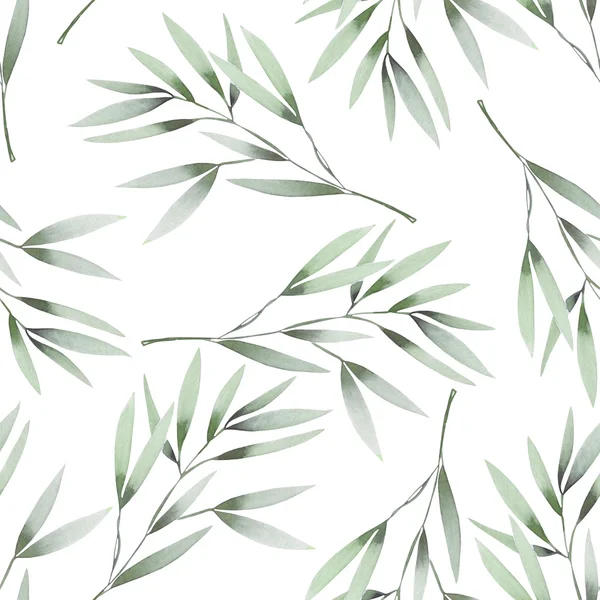 Seamless floral pattern with the watercolor green leaves on the branches — Stock Photo, Image