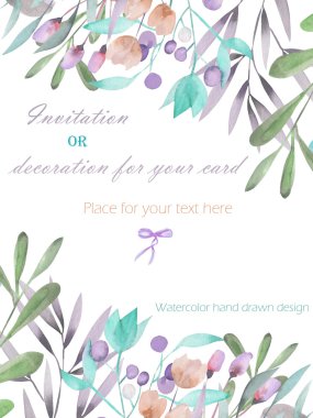Background, template postcard with the watercolor branches, flowers and plants, hand drawn on a white background