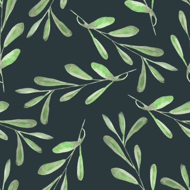 Sulu Boya yeşil ile sorunsuz çiçek desenli dallarda yapraklar