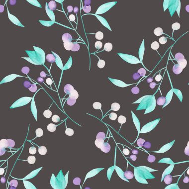 Seamless floral pattern with the watercolor green leaves on the branches and purple berries