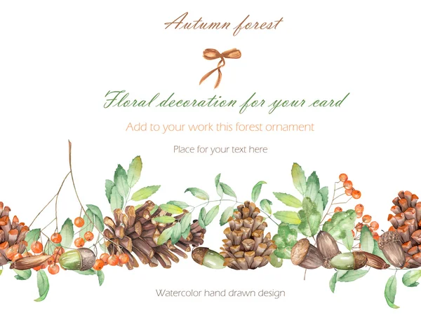 Background, template postcard, forest ornament with the watercolor forest plants (oak acorns, fir cones, rowan tree), greeting card, decoration postcard or invitation — Stock Photo, Image