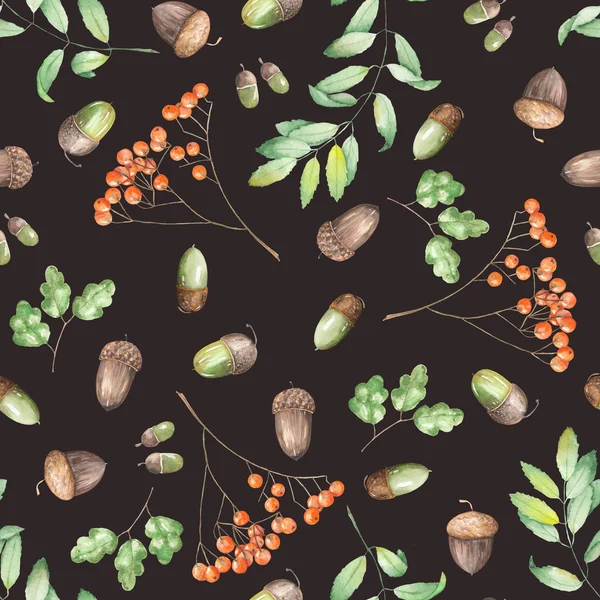 Ein nahtloses Muster mit einem floralen Ornament der Aquarell-Waldelemente (Eicheln, Eberesche und Zweige)) — Stockfoto