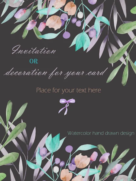 Background, template postcard with the watercolor branches, flowers and plants, hand drawn on a dark background — Stock Photo, Image