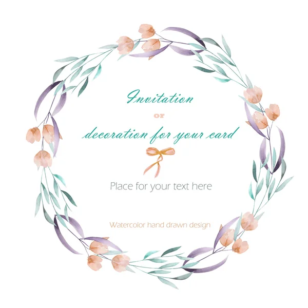 Frame border, wreath of  the tender pink flowers and green branches hand drawn in awatercolor on a white background, greeting card, decoration postcard or invitation — 스톡 사진
