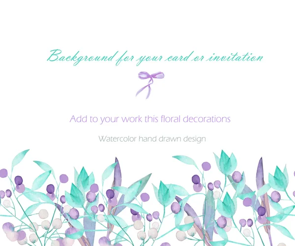 Mall vykort med akvarell gröna blad på grenarna och lila bär (mistel), hand dras på en vit bakgrund, gratulationskort, dekoration vykort eller inbjudan — Stockfoto