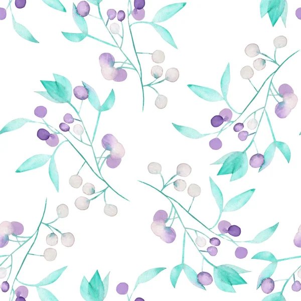Seamless floral pattern with the watercolor green leaves on the branches and purple berries