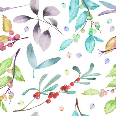 A seamless pattern with a floral forest elements: cranberry, wolfberry, mistletoe twigs, berry branches and leaves