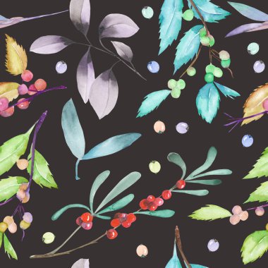 A seamless pattern with a floral forest elements: cranberry, wolfberry, mistletoe twigs, berry branches and leaves