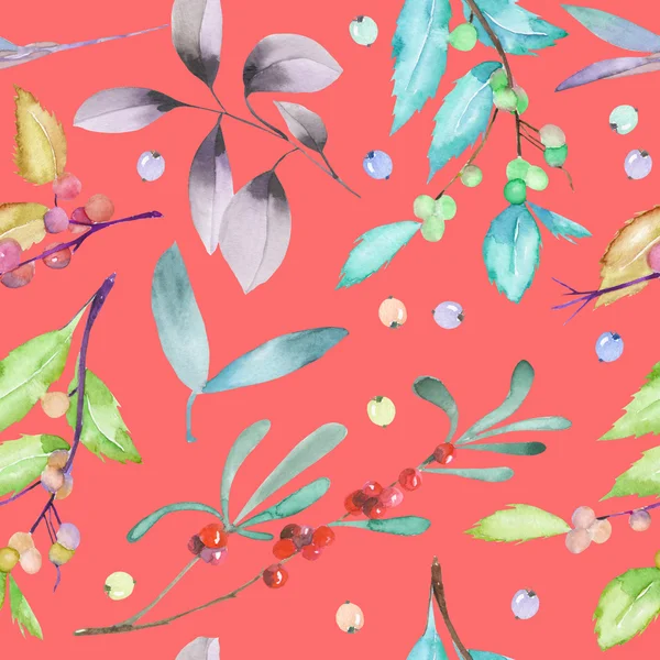 A seamless pattern with a floral forest elements: cranberry, wolfberry, mistletoe twigs, berry branches and leaves — ストック写真