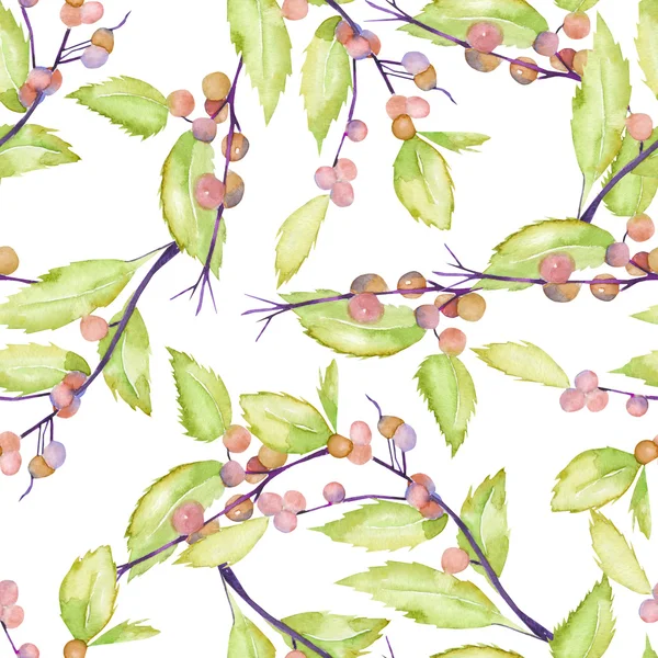 Een naadloos patroon met een aquarel bos bessen takken en bladeren — Stockfoto