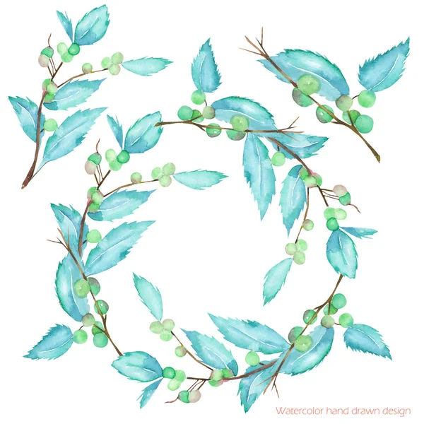 Wreath and illustration of the watercolor forest berry branches and leaves, hand drawn in a watercolor on a white background, decoration elements — Stockfoto