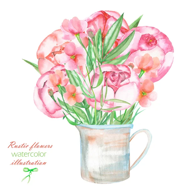 Un'illustrazione con un mazzo di bellissimi fiori di peonie rosse ad acquerello in un vaso rustico — Foto Stock