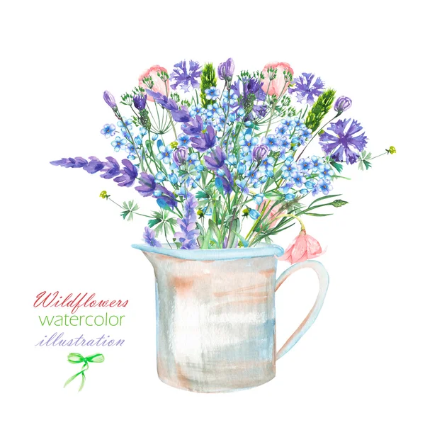 En illustration med en bukett av den vackra blå Myosotis blomma, blåklint och lavendel blommor i en rustik burk — Stockfoto