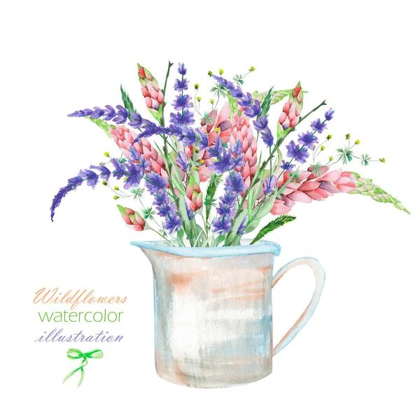 An illustration with a bouquet of the beautiful watercolor bright lupine flowers and lavender flowers in a rustic jar — Stock Photo, Image