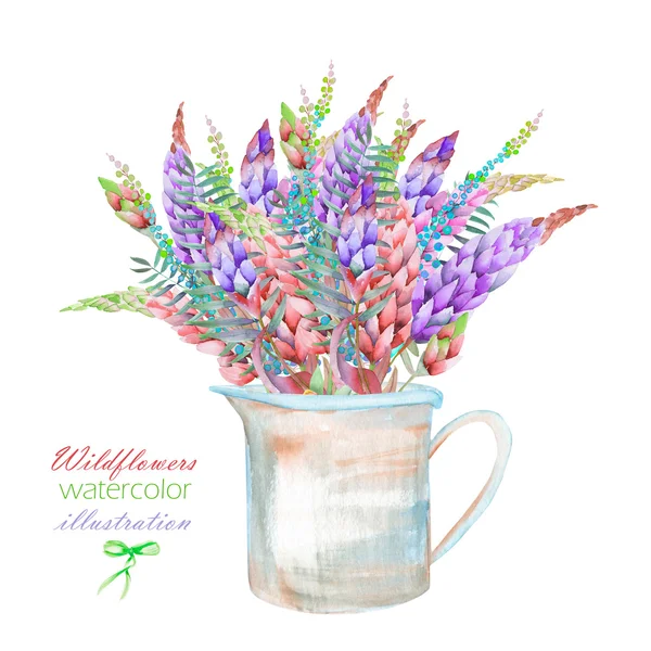 Иллюстрация с букетом красивых акварельных ярких люпиновых цветов в деревенской банке — стоковое фото