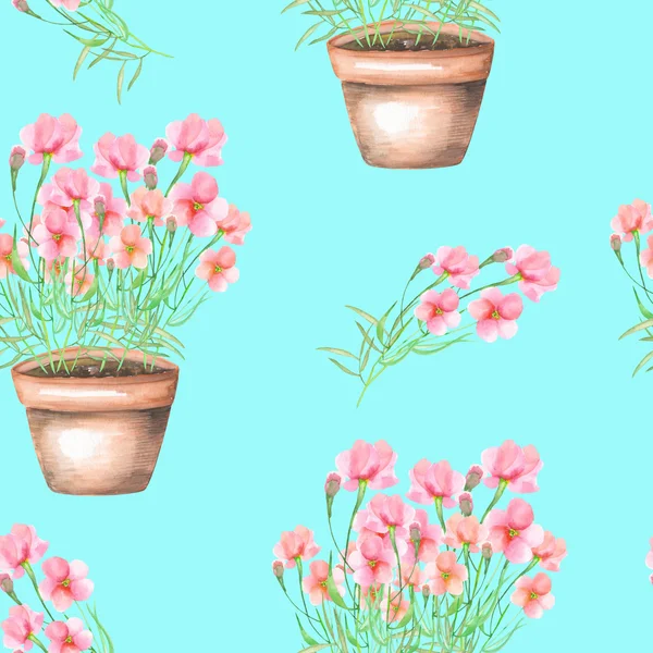 Un modello senza soluzione di continuità con i fiori rosa in un vaso — Foto Stock