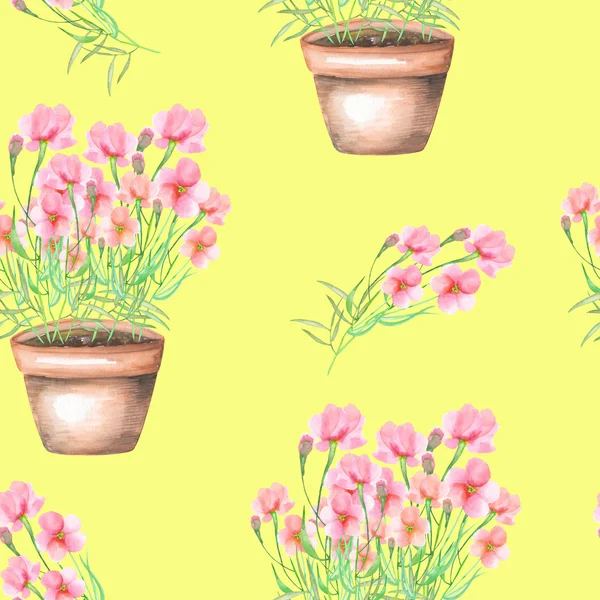 Un modello senza soluzione di continuità con i fiori rosa in un vaso — Foto Stock