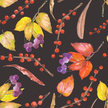 Suluboya orman öğelerin bir çiçek süsleme ile seamless modeli: kırmızı ve sarı sonbahar yaprakları dallar üzerinde twigs çilek