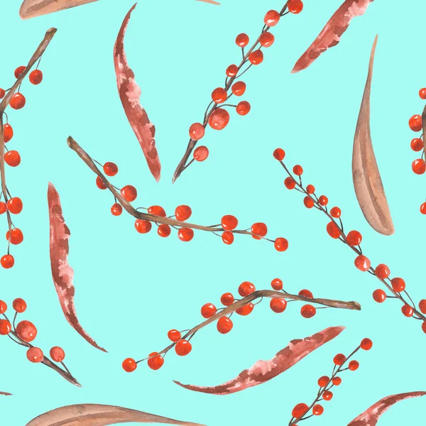 Ένα ενιαίο μοτίβο με ένα λουλουδάτο φθινοπωρινό στολίδι των κόκκινων μούρων του υδατογραφείου στα κλαδιά — Φωτογραφία Αρχείου