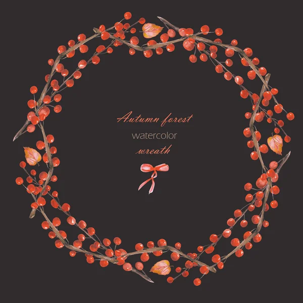 Осенний венок (рама) из акварельных ветвей с красными ягодами — стоковое фото