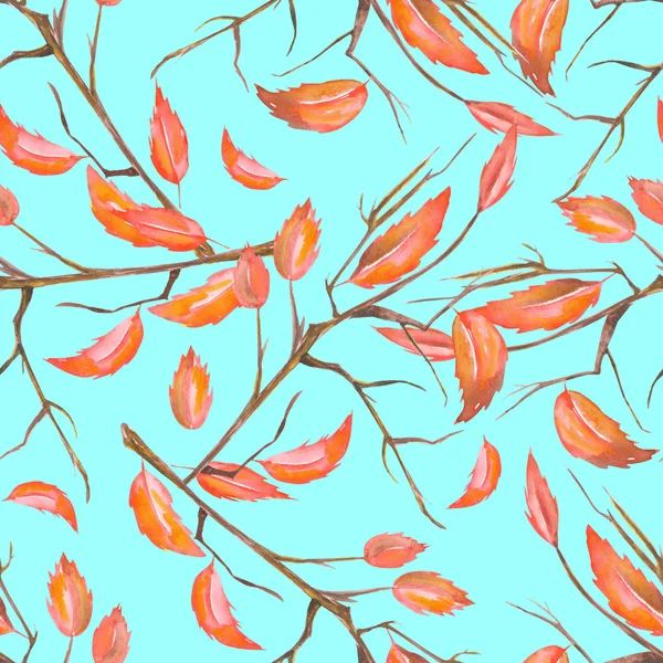 Un patrón sin costuras con un adorno floral de las hojas de otoño rojo acuarela en las ramas —  Fotos de Stock