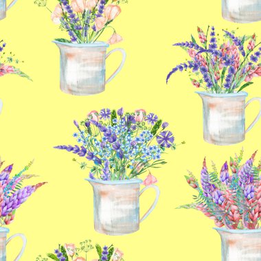 Rustik bir kavanoz güzel çiçekler buket ile seamless modeli