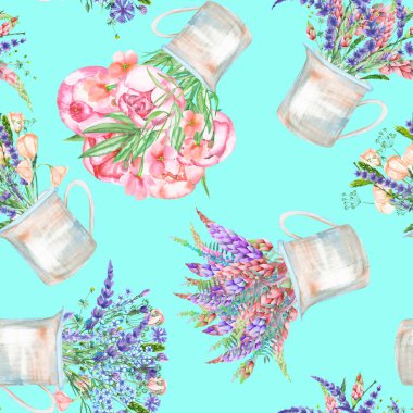 Rustik bir kavanoz güzel çiçekler buket ile seamless modeli