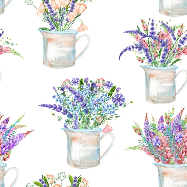Um padrão sem costura com um buquê das belas flores silvestres em frascos rústicos — Fotografia de Stock