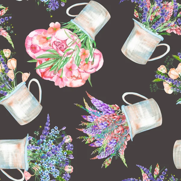 Ein nahtloses Muster mit einem Strauß der schönen Wildblumen in einem rustikalen Glas — Stockfoto