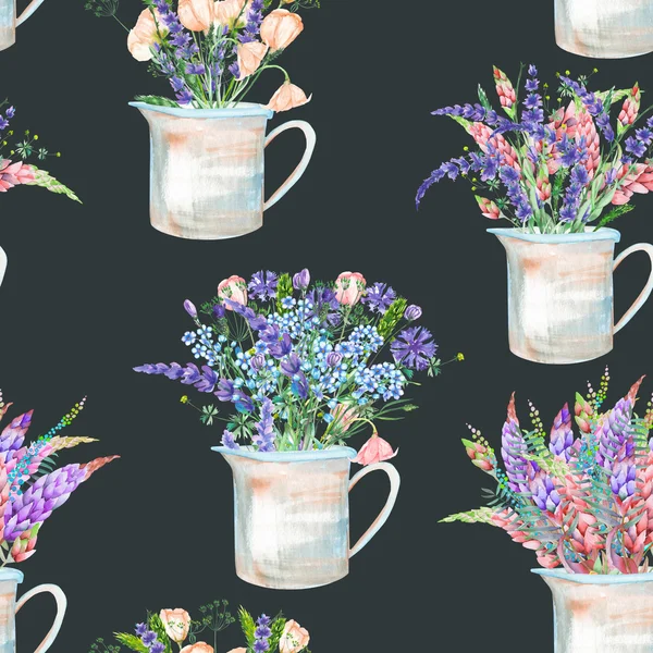 Um padrão sem costura com um buquê das belas flores silvestres em frascos rústicos — Fotografia de Stock