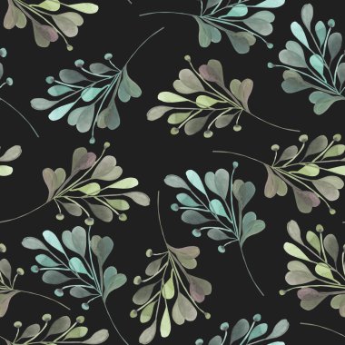 Siyah bir arka plan üzerinde suluboya yeşil yaprakları ve dalları ile Dikişsiz desen, bir pastel çizilmiş el