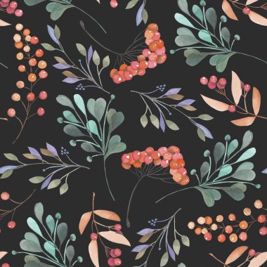 Pembe ve yeşil dalları ve çilek ile Dikişsiz desen, el koyu bir arka plan üzerinde bir suluboya çizilmiş