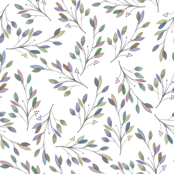 Seamless pattern with watercolor leaves and branches on a white background, hand drawn in a pastel — Stock Photo, Image