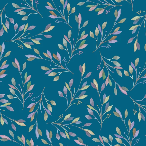 파스텔 톤으로 손으로 그린 파란색 배경에 수채화 잎과 가지가있는 원활한 패턴 — 스톡 사진