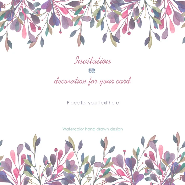 Fondo, plantilla postal con un adorno floral de las hojas y ramas de color rosa y púrpura acuarela, dibujado a mano en un pastel — Foto de Stock