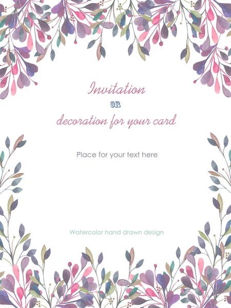 Bakgrund, mall vykort med en blommig prydnad av akvarell rosa och lila blad och grenar, hand dras i en pastell — Stockfoto