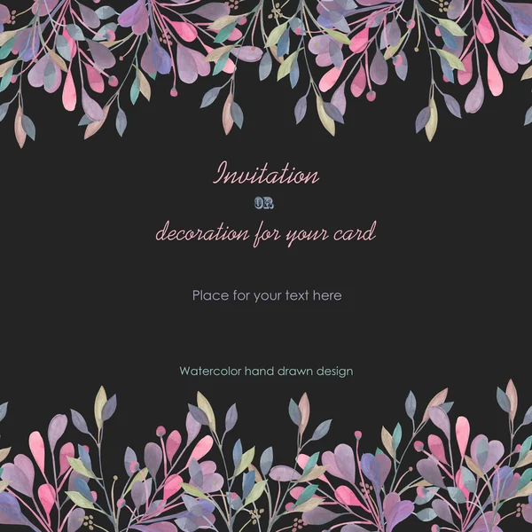 Background, template postcard with a floral ornament of the watercolor pink and purple leaves and branches, hand drawn in a pastel — Stock Photo, Image