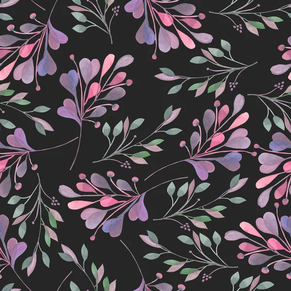 Patrón sin costuras con las hojas y ramas de color rosa y púrpura acuarela sobre un fondo oscuro, dibujado a mano en un pastel —  Fotos de Stock