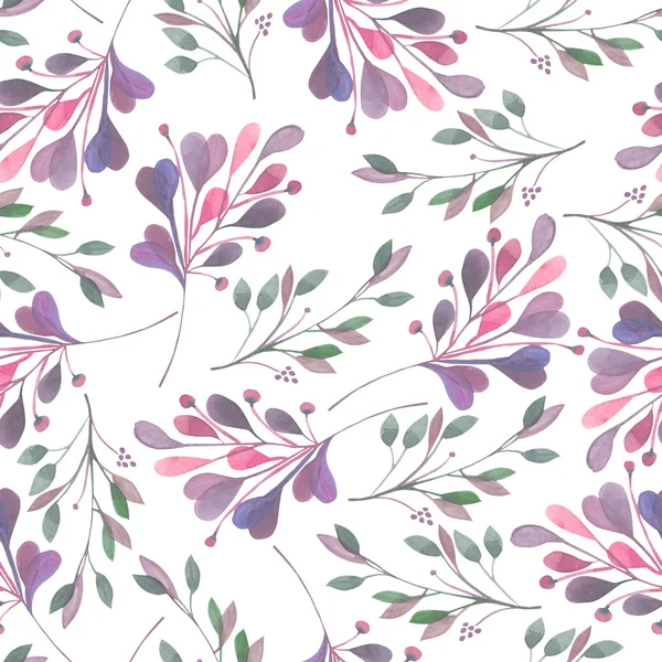 Seamless pattern with the watercolor leaves and branches on a white background, hand drawn in a pastel — Stock Photo, Image