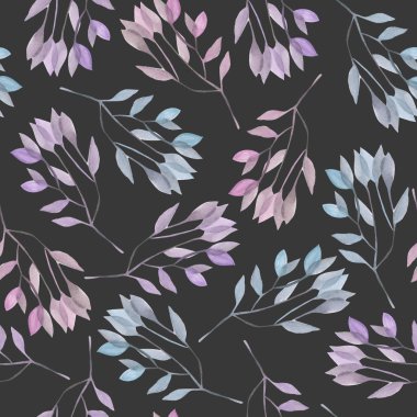 Sulu boya pembe ve mor ile Seamless Modeli bırakır ve karanlık bir arka planda elle çizilmiş bir pastel şubeleri
