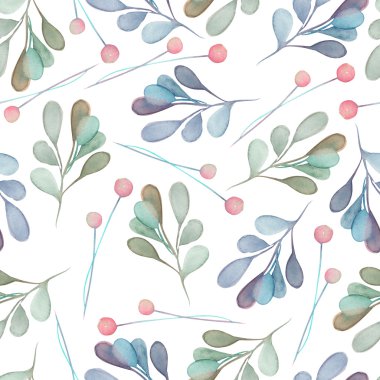 Sulu Boya yeşil ve mavi ile Seamless Modeli yaprakları ve beyaz bir arka planda elle çizilmiş bir pastel şubeleri