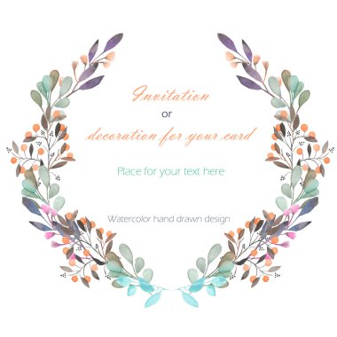 Circle frame, wreath of the green branches, hand drawn in a watercolor on a white background, greeting card, decoration postcard or invitation