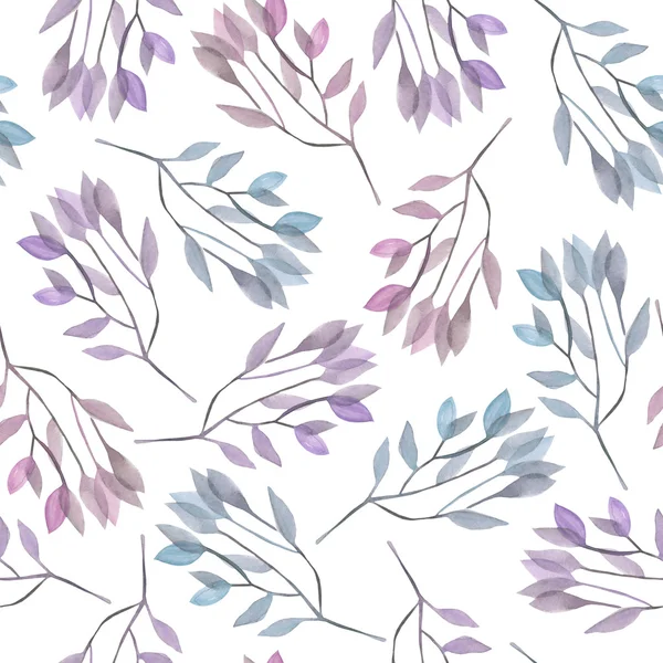 Бесшовный узор с акварельными листьями и ветвями на белом фоне, нарисованный вручную пастелью — стоковое фото