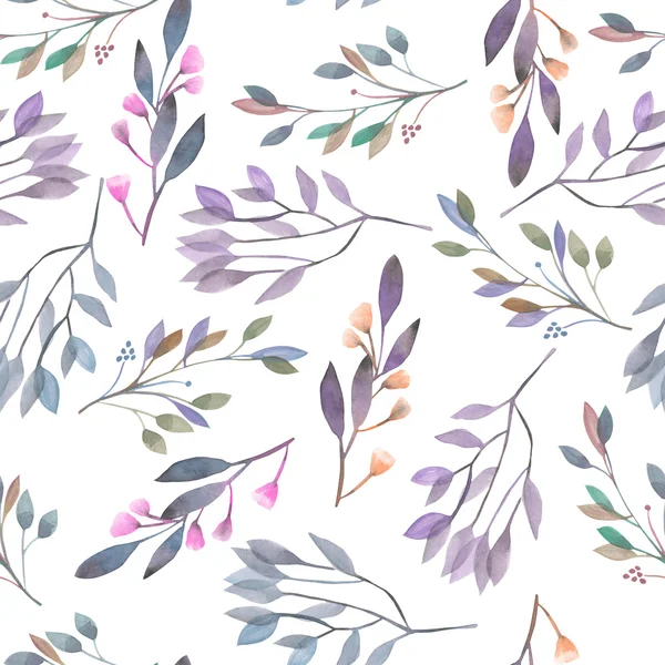 Seamless pattern with watercolor leaves and branches on a white background, hand drawn in a pastel — Stock Photo, Image