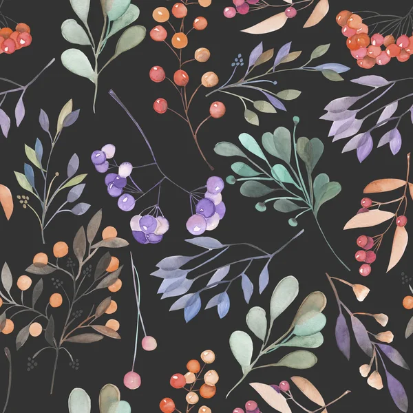 Seamless pattern with the blue and green branches and berries, hand drawn in a watercolor on a dark background — Stock Fotó