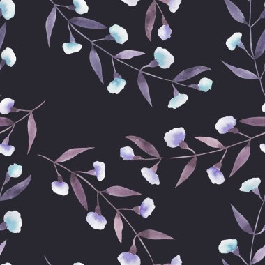 Çiçeklerle soyut suluboya mor ve mavi dalları ile dikişsiz çiçek deseni