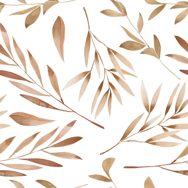 Seamless floral pattern with the watercolor brown leaves on the branches — Stock Photo, Image